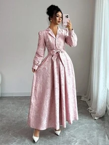 SHEIN Elenzya 提花提花束腰前开襟公主线法式优雅精致长袖 A 字型修身百搭中长连衣裙 - 粉色 - 查看 7