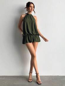 Aloruh Women's Halter Tie-Up Backless Fluffy Hem Minimalist Mini Dress - Army Green - View 3
