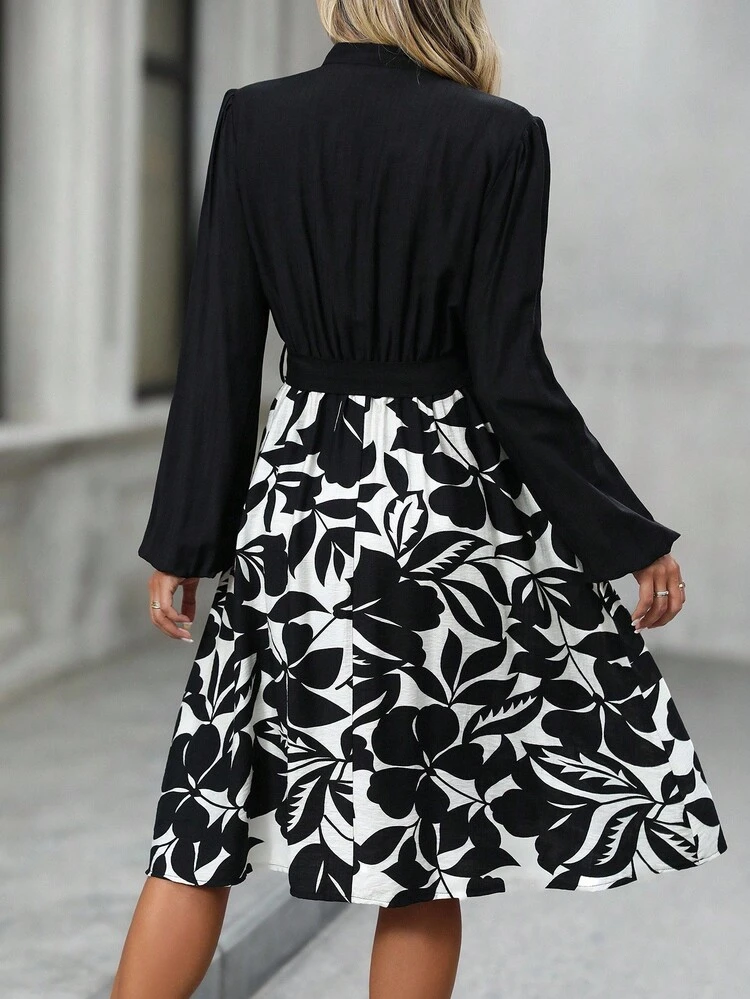 Women's Floral Print Patchwork Lantern Sleeve Midi Dress Fall Clothes For Women Black And White Floral Dress Long Sleeve Black And White Dress Black Floral Print Dress Elegant Black And White Dress Going Out Dress Graduation Dresses For Ladies Chic Dress