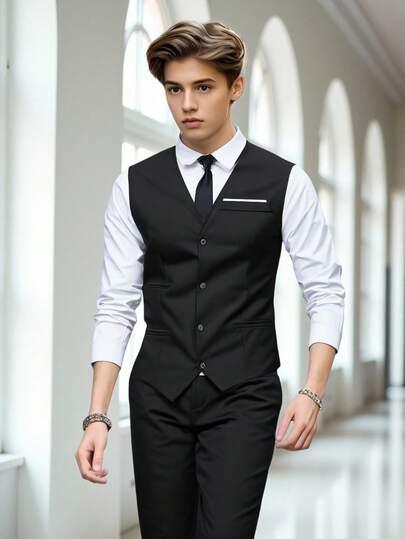 SHEIN 2pcs Suit Set For Teen Boys, Gentlemen Style Slim Fit Waistcoat + High-Quality Long Pants, Elegant Formal Outfit For Birthday Party, Banquet, Wedding