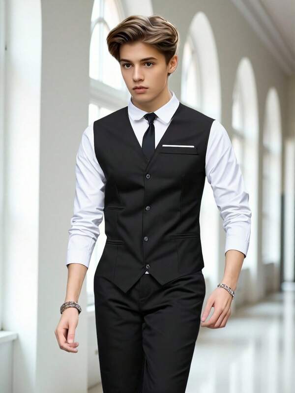 SHEIN 2pcs Suit Set For Teen Boys, Gentlemen Style Slim Fit Waistcoat + High-Quality Long Pants, Elegant Formal Outfit For Birthday Party, Banquet, Wedding