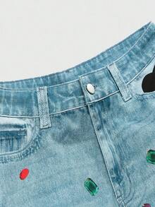 ROMWE MEN Street Life 男士彩色钻石印花褶皱口袋休闲牛仔裤 - 藍色 - 查看 3