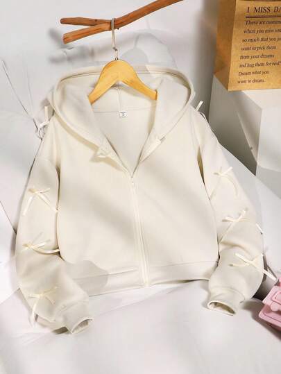 SHEIN Teenage Girls' Jacket, Solid Color Fashion Bow Sweatshirt Jacket, Comfortable Fleece Sweatshirt Fabric, Medium Loose Fit, Stylish Sleeve Design, Youthful And Energetic Style, Suitable For Back To School Or Casual Outdoor Wear Fall Winter