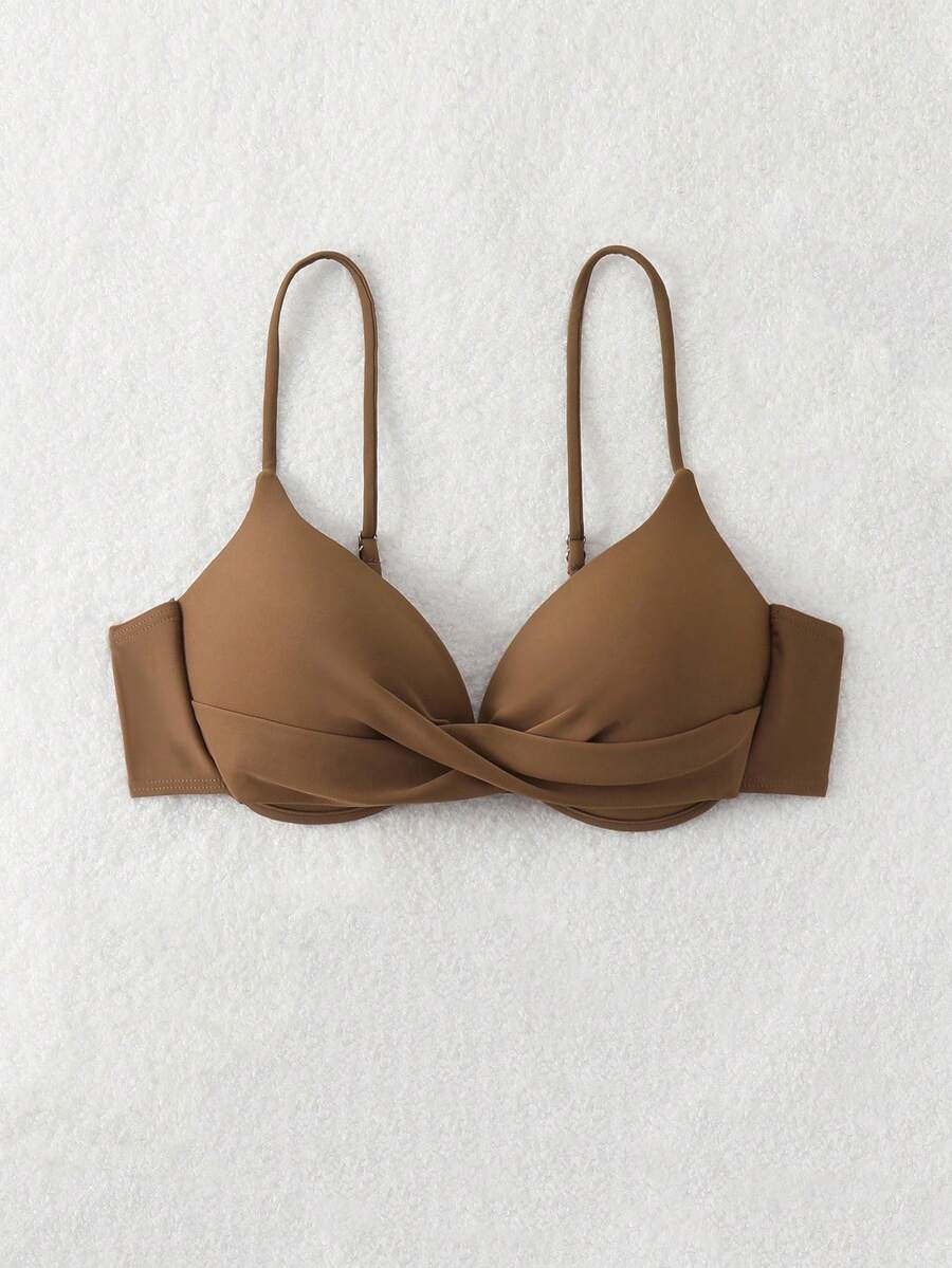 Swim Basics 夏季海灘純色扭結掛脖比基尼上衣,細肩帶附鋼圈,咖啡棕色,女款聚攏比基尼上衣 - 咖啡棕 - 查看 1
