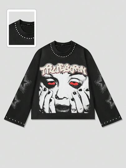 Street Life Men's Character Printed Long Sleeve T-Shirt, Loose Cropped Fit, Fall