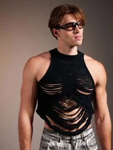 FeverCity Men's Fashionable Hollow Out Distressed Sleeveless Knit Top, Fall, Winter - Black - View 1