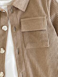 SHEIN 2pcs/Set Baby Boy Corduroy Long Sleeve Button Pocket Shirt And Elastic Waist Pants Set, Casual Elegant Style Suitable For Tops, School, Leisure, Vacation, Sports, Home, Spring/Summer, 6M-3T, Children Clothing, Infant Clothing, Baby Apparel, Toddler Shirt, Toddler Top Khaki Baby Outfit Mocha Baby Clothes Baby Corduroy Outfit Brown Baby Clothes Toddler Corduroy Set Fall Winter - Brown - View 5