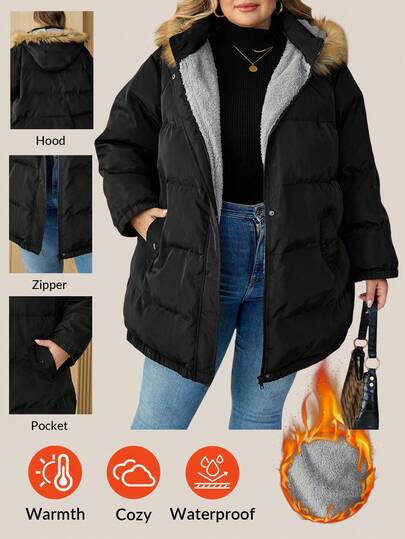SHEIN CURVE+ Curve Plus Size/Autumn Clothes /Fall Women Clothes/Winter Clothes For Women/Winter ClothesPlus Size Women's Winter Hooded Winter Coat With Fluffy Collar, Thermal Lining