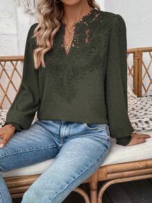 EMERY ROSE Women's Embroidered Collar Decor Lantern Sleeve Long Sleeve Elegant Formal Casual Blouse Fall Cloth For Women - Army Green - View 7
