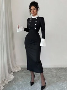 Elenzga Women's Elegant Ruffle Trim Contrast Color Button Knit Bodycon Long Dress, Office Wear Work Dress, Little Black Dress, Autumn Fall Cloth For Women, Christmas