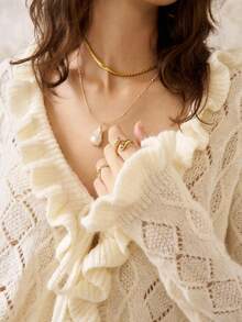 INAWLY Women's Mesh Lace Trim Tie Neck & Cuff Short Frill Trim Cardigan Sweater Fall Winter Cloth For Women - Apricot - View 4