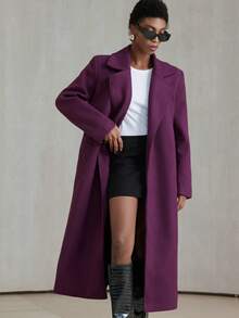 Aveloria Modichic Solid Color Woolen Lapel Commuter Elegant Belt Decor Long Women Casual Jacket