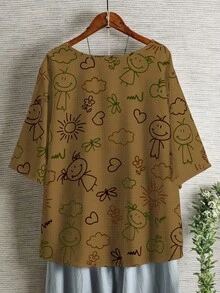 Linhara 加大码编织可爱卡通印花圆领短袖宽松常规长度T恤 - 卡其色 - 查看 2