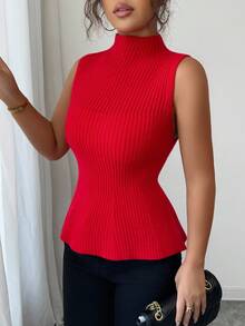 Elenzga 1pc Women's New Arrival Sleeveless Turtleneck Fitted Hem Ruffle Knit Casual Tank Top - Red - View 3