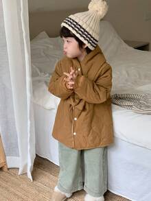SHEIN 1 Áo khoác chần bông dày thời trang cho bé trai, Áo khoác đệm dáng rộng cho bé trai kèm khăn quàng, Áo khoác ngoài bằng cotton có đệm cho bé trai, Áo khoác mùa đông cho bé trai - màu nâu - Xem 8