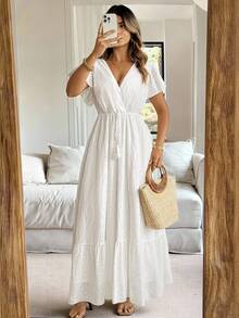 Vionelle 加大码女式法式优雅浪漫长裙，V 领，荷叶边袖，收腰设计和喇叭裙