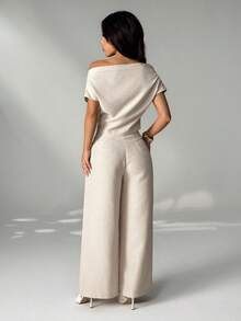 SHEIN PETITE Women's Summer New Arrival Simple Elegant Daily Casual Linen Commuter Wide Collar Off Shoulder Blouse And Wide Leg Pants Suit - Apricot - View 2