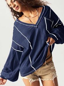 Bohemela 大码女式休闲时尚街头 V 领撞色针脚拼布口袋宽松 T 恤，春/秋 - 藍色 - 查看 7