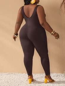 Slaydiva Slayr Basic Casual Elastic Knit Plus Size Jumpsuit - Brown - View 2