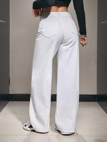 SHEIN PETITE 女式休闲纯色斜口袋阔腿牛仔裤 - 白色 - 查看 2