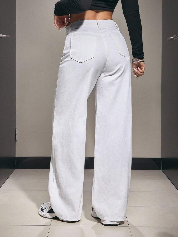 SHEIN PETITE 女式休闲纯色斜口袋阔腿牛仔裤 - 白色 - 查看 2