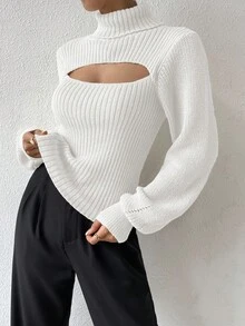 SHEIN x Carly Lawrence SHEIN Allurite 女士高领镂空长袖修身毛衣 - 白色 - 查看 5