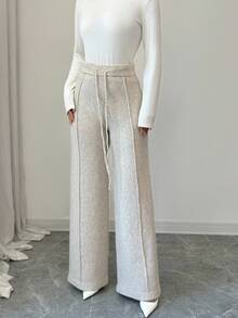 Elenzga Women's High Waist Drawstring Relaxed Fit Luxurious Wool-Like Knit Wide Leg Pants - Light Grey - View 5