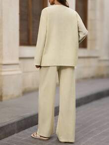 EMERY ROSE 2件套女士休闲宽松长袖上衣和裤子套装 - 卡其色 - 查看 2