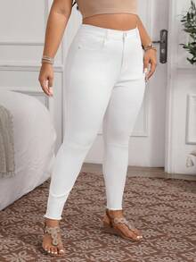 EMERY ROSE Plus Size Women High Waist Pockets Skinny Casual Versatile White Jeans Denim Pants - White - View 9