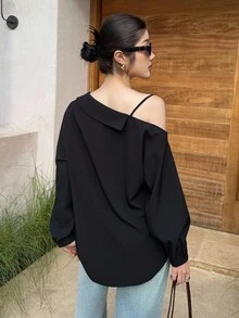 K-Vae 女士秋冬黑色不对称肩长袖衬衫，设计师衬衫，日常通勤衬衫 - 霧霾藍 - 查看 4