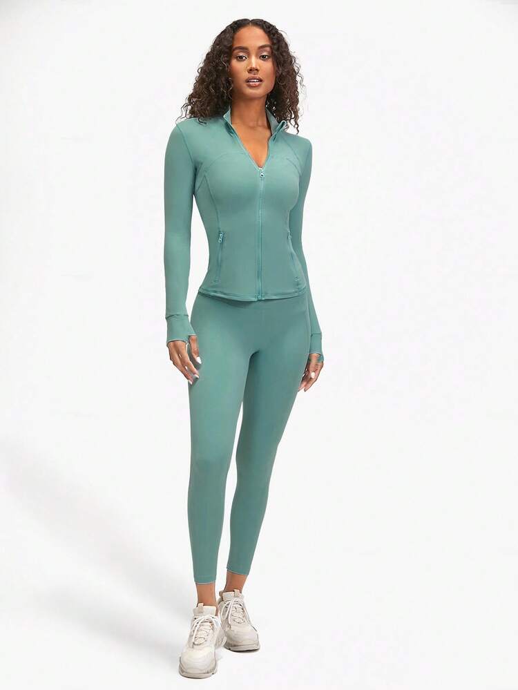 FeatherFit™ Slim-It Streamline Performance Secure Pockets Zip Up Long Sleeve Jacket Low Impact Yoga Pilates Daily Fall