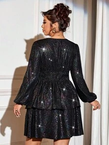 Cravure Robe midi évasée à manches longues en feuille d'or sexy et élégante pour femmes grandes tailles