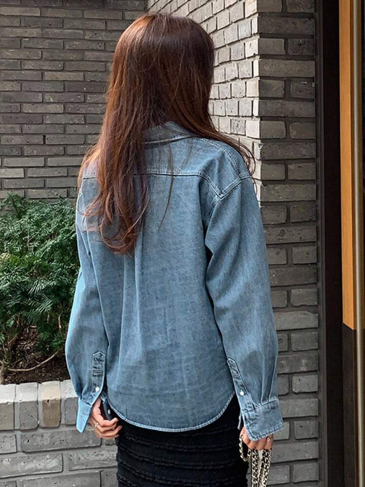 Stylish Long Sleeve Loose Turndown Collar Denim Shirt