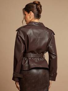 Silquee Áo khoác trench coat hai hàng khuy trơn màu dành cho nữ, phong cách đi làm - Màu nâu  Mocha - Xem 2