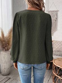 EMERY ROSE Women's Embroidered Collar Decor Lantern Sleeve Long Sleeve Elegant Formal Casual Blouse Fall Cloth For Women - Army Green - View 2
