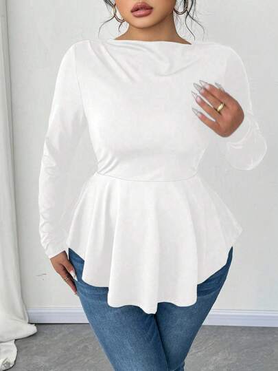 Elenzga Plus Size Women's Off Shoulder Long Sleeve Cinched Waist A-Line T-Shirt, White Casual Top