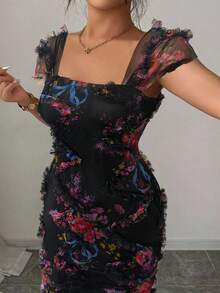 Elenzga 大码女式优雅浪漫随机花卉印花褶饰腰部中长连衣裙，适合婚礼、派对、约会和春夏季休闲外出 - 黑色 - 查看 4