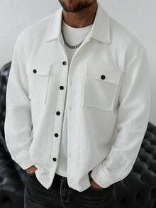 Manfinity Homme 男士休闲衬衫夹克，立领纽扣长袖开衫，双口袋，适合日常、休闲、时尚、通勤、街头风格、春秋季 - 白色 - 查看 4