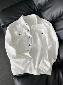 Manfinity Homme 男士休闲衬衫夹克，立领纽扣长袖开衫，双口袋，适合日常、休闲、时尚、通勤、街头风格、春秋季 - 白色 - 查看 6