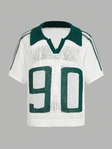 SHEIN PETITE 女士休闲镂空针织短袖上衣，假日，夏季，外出上衣，复古女式上衣，学院风上衣，沙滩，度假，绿白配色，欧洲夏季，街头风，图案T恤，秋季 - 白色 - 查看 11