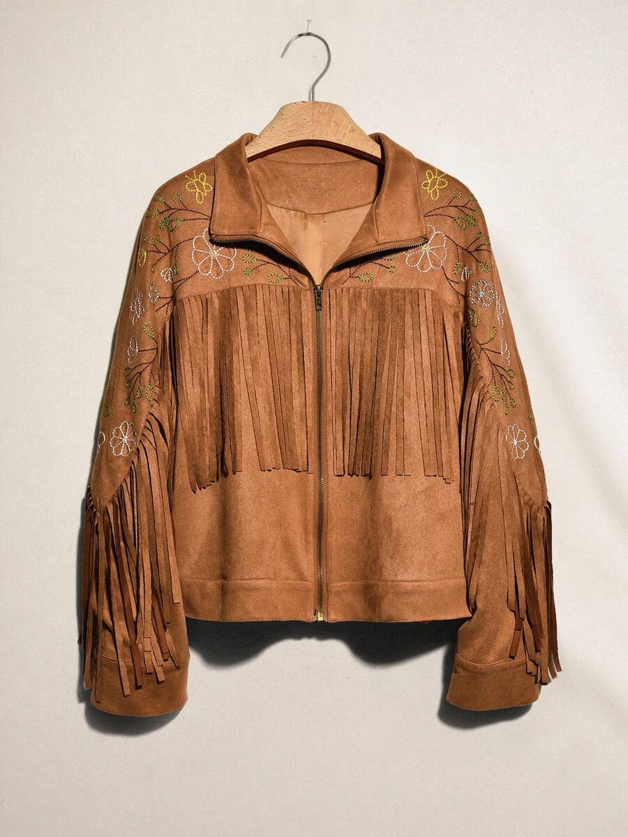 Áo khoác Easelle Nomadic Áo khoác tua rua thường xuyên Áo khoác thêu họa tiết dây thừng Áo khoác mùa thu đông phong cách Boho phương Tây - màu nâu - Xem 1