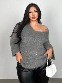 Firerie Plus Size Women's Grey Elegant V-Neck Fuzzy Pullover Sweater High-Elastic Trumpet Sleeve Knitwear Party, Wedding & Casual Commuting, Fall/Winter - Grey - View 7
