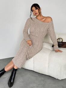 Firerie Große Größen Herbst/Winter Neue Mode Rundhals Sexy schräge Schulter Off-Shoulder Zopfstrick Pulloverkleid