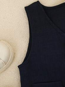 SHEIN 2 件绅士西装，包括梭织背心和裤子，不含衬衫和配饰，适合生日派对、婚礼、舞台表演、男婴服装、婴儿的第一个母亲节服装//家庭装/妈妈和我服装 - 藏蓝色 - 查看 5