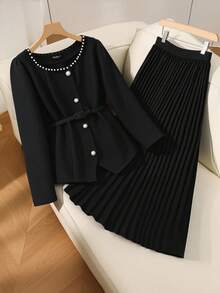 SHEIN Clasi Bộ 2 món áo khoác dài tay ren trắng đính ngọc trai sang trọng màu đen thanh lịch cá tính dành cho nữ cỡ lớn + chân váy xếp ly lưới dài đến đầu gối, mùa thu/đông - màu đen - Xem 3