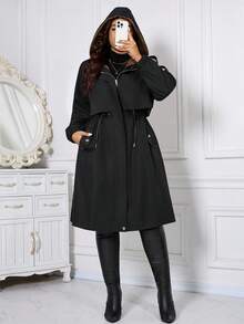 SHEIN CURVE+ Áo khoác nỉ dài tay có mũ trùm đầu, khóa kéo, eo rút, cỡ lớn dành cho nữ, ấm áp, mẫu mới 2025, thoải mái và chống gió - màu đen - Xem 5