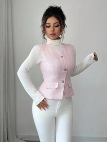 Elenzga Women's Autumn/Winter Waist Cinched Elegant Front Button Detailed Top - Pink - View 5
