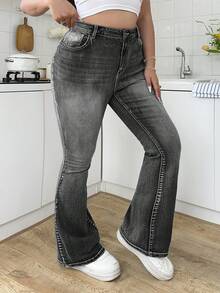 SHEIN MOD Plus Size Blue Denim Casual Skinny Flare Jeans - Black - View 3