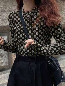 FRIFUL Women's Round Neck Contrast Color Frill Trim Fitted Textured Fabric T-Shirt, Suitable For Halloween Costume Fall Tops Long Sleeve Top - Black - View 1