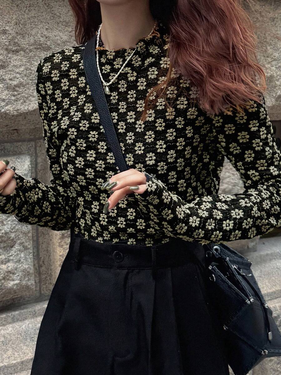 FRIFUL Women's Round Neck Contrast Color Frill Trim Fitted Textured Fabric T-Shirt, Suitable For Halloween Costume Fall Tops Long Sleeve Top - Black - View 1